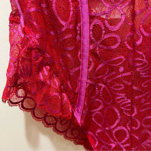 Savage X Fenty Ribbon Writing Lace Teddy Bodysuit Red and Pink Lace - Picture 9 of 13